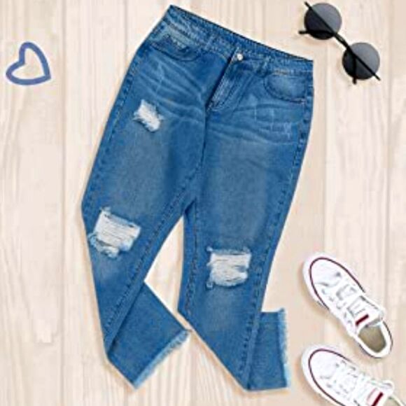 HDLTE Women Ripped Jeans Distressed Boyfriends Jeans Frayed Ankle Skinny Denim - Picture 8 of 10